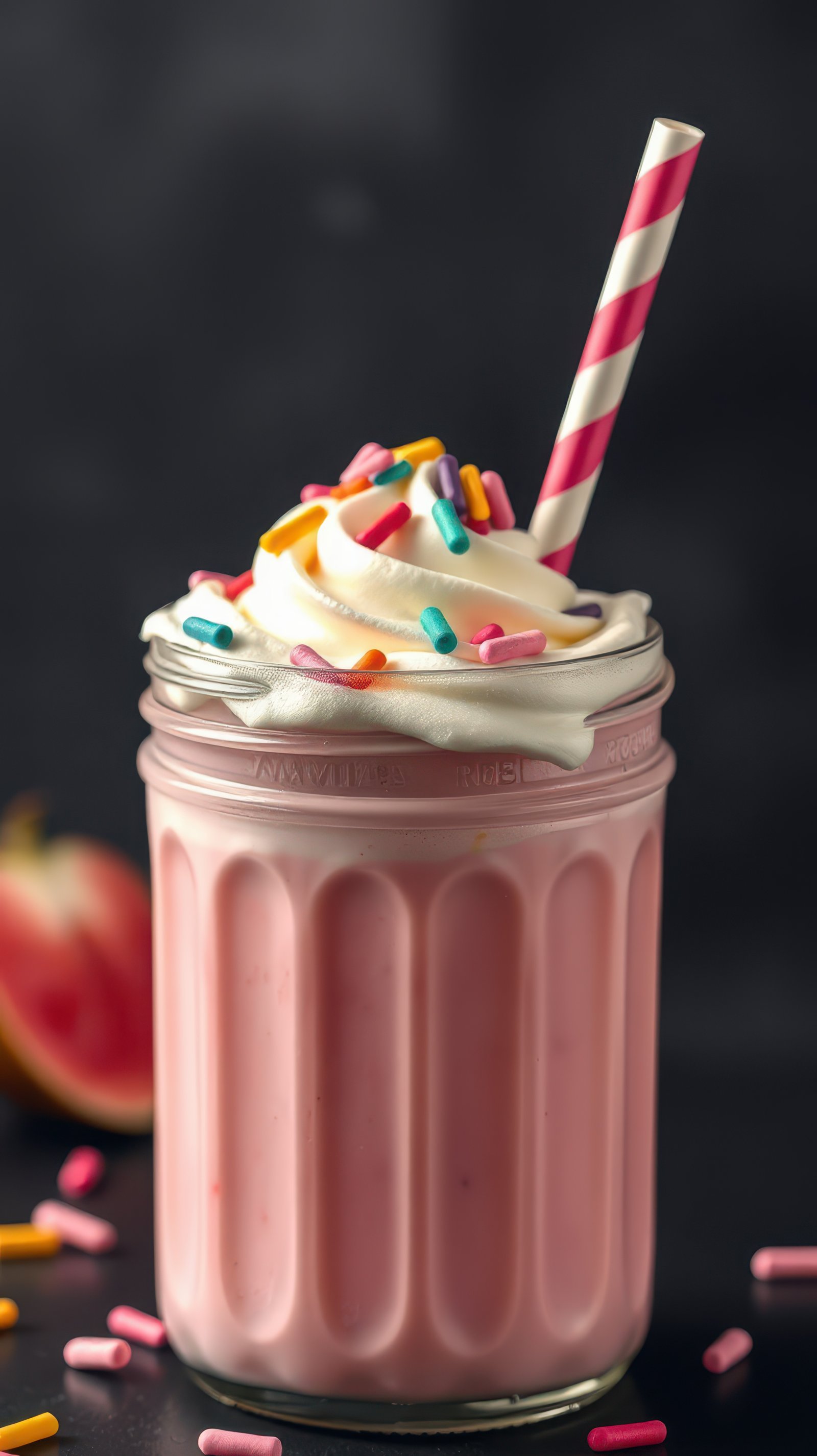 Creamy pink milkshake topped with whipped cream and colorful sprinkles served in a glass jar
